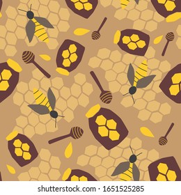 Seamless pattern with bees, honeycomb, jar and honey dipper. Cute cartoon characters for wrapping, textile, wallpaper.