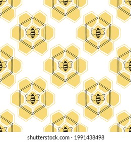 Seamless pattern with bees and honeycomb. Linear hand drawn vector illustration is perfect for honey design, beekeeper branding, wallpaper, background, wrapping paper, fabric textile, label