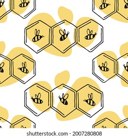 Patrón sin foco con abejas y panal. Ilustración vectorial lineal de mano con manchas brillantes es perfecta para el diseño de miel, marca de apicultor, fondo, papel envolvente, tejido