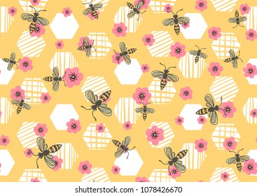 patrón sin fisuras con abejas, peines de miel y flores