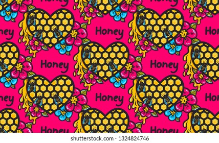 seamless pattern with bees, honeycombs and flowers