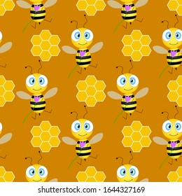 Seamless pattern with bees and honeycombs on brown background. Vector illustration. Adorable cartoon character. Template design for invitation, cards, textile, fabric. Doodle style. Bee with flower.