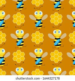 Seamless pattern with bees and honeycombs on brown background. Vector illustration. Adorable cartoon character. Template design for invitation, cards, textile, fabric. Doodle style. Bee with candy.
