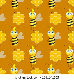 Seamless pattern with bees and honeycombs on brown background. Vector illustration. Adorable cartoon character. Template design for invitation, cards, textile, fabric. Doodle style. Bee with crown.