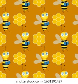 Seamless pattern with bees and honeycombs on brown background. Vector illustration. Adorable cartoon character. Template design for invitation, cards, textile, fabric. Doodle style. Bee with crown.