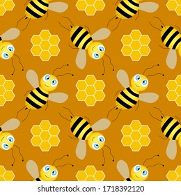 Seamless pattern with bees and honeycombs on brown background.  Small wasp. Vector illustration. Adorable cartoon character. Template design for invitation, cards, textile, fabric. Doodle style. 