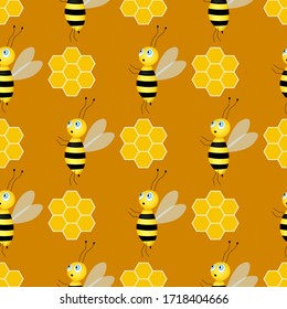Seamless pattern with bees and honeycombs on brown background.  Small wasp. Vector illustration. Adorable cartoon character. Template design for invitation, cards, textile, fabric. Doodle style. 
