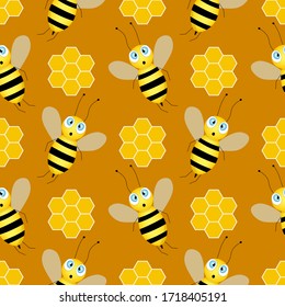 Seamless pattern with bees and honeycombs on brown background.  Small wasp. Vector illustration. Adorable cartoon character. Template design for invitation, cards, textile, fabric. Doodle style. 