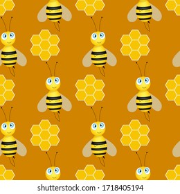 Seamless pattern with bees and honeycombs on brown background.  Small wasp. Vector illustration. Adorable cartoon character. Template design for invitation, cards, textile, fabric. Doodle style. 