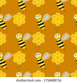Patrón sin problemas con abejas y peines de miel sobre fondo marrón. Pequeña avispa. Ilustración vectorial. Caricatura adorable. Diseño de plantilla para invitación, tarjetas, textiles, tela. Estilo Doodle. 