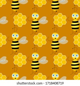 Seamless pattern with bees and honeycombs on brown background.  Small wasp. Vector illustration. Adorable cartoon character. Template design for invitation, cards, textile, fabric. Doodle style. 