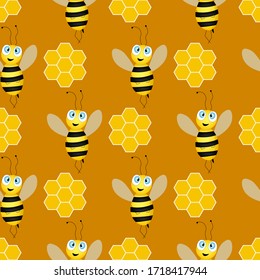 Seamless pattern with bees and honeycombs on brown background.  Small wasp. Vector illustration. Adorable cartoon character. Template design for invitation, cards, textile, fabric. Doodle style. 