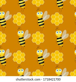 Seamless pattern with bees and honeycombs on brown background.  Small wasp. Vector illustration. Adorable cartoon character. Template design for invitation, cards, textile, fabric. Doodle style. 