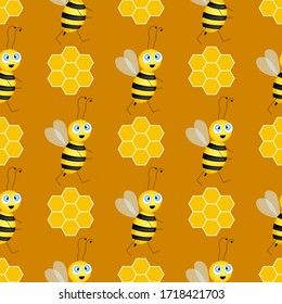 Seamless pattern with bees and honeycombs on brown background.  Small wasp. Vector illustration. Adorable cartoon character. Template design for invitation, cards, textile, fabric. Doodle style. 