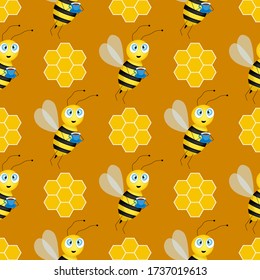Seamless pattern with bees and honeycombs on brown background. Small wasp. Vector illustration. Adorable cartoon character. Design for invitation, cards, textile, fabric. Bee with cup of tea.