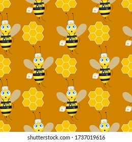 Seamless pattern with bees and honeycombs on brown background. Small wasp. Vector illustration. Adorable cartoon character. Design for invitation, textile, fabric. Doctor bee with medical instruments