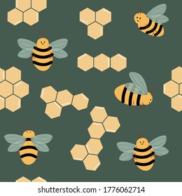 Patrón sin problemas con abejas y peines de miel sobre fondo verde.  Ilustración vectorial dibujada a mano. Útil para el diseño de paquetes de productos orgánicos, volantes, fondos, banners, papel de envoltura, impresiones