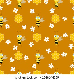 Seamless pattern with bees and honeycombs on brown background.  Small wasp. Vector illustration. Adorable cartoon character. Template design for invitation, cards, textile, fabric. Doodle style. 