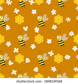 Seamless pattern with bees and honeycombs on brown background. Adorable Small bee cartoon character vector illustration. Template design for invitation, cards, textile, fabric. Doodle style. 