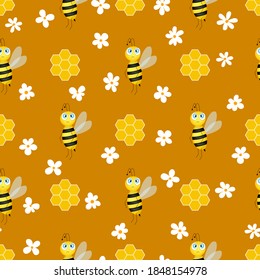 Seamless pattern with bees and honeycombs on brown background.  Small wasp. Vector illustration. Adorable cartoon character. Template design for invitation, cards, textile, fabric. Doodle style. 