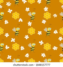 Seamless pattern with bees and honeycombs on brown background.  Small wasp. Vector illustration. Adorable cartoon character. Template design for invitation, cards, textile, fabric. Doodle style. 