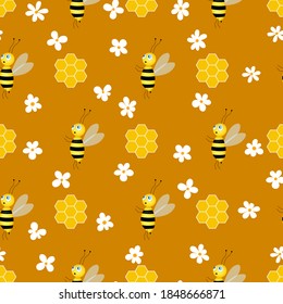 Seamless pattern with bees and honeycombs on brown background.  Small wasp. Vector illustration. Adorable cartoon character. Template design for invitation, cards, textile, fabric. Doodle style. 