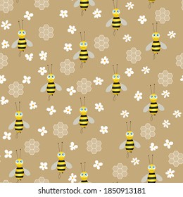 Seamless pattern with bees and honeycombs on brown background.  Small wasp. Vector illustration. Adorable cartoon character. Template design for invitation, cards, textile, fabric. Doodle style.