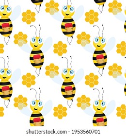 Patrón sin foco con abejas y peines de miel sobre fondo blanco. Pequeña avispa. Ilustración vectorial. Caricatura adorable. Diseño de plantilla para invitación, tarjetas, textiles, tela. Estilo Doodle.