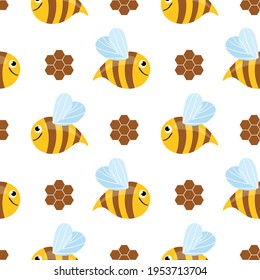 Seamless pattern with bees and honeycombs on white background. Small wasp. Vector illustration. Adorable cartoon character. Template design for invitation, cards, textile, fabric. Doodle style.