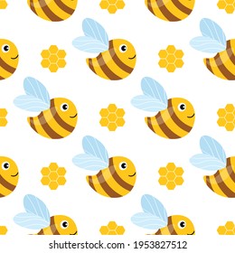 Seamless pattern with bees and honeycombs on white background. Small wasp. Vector illustration. Adorable cartoon character. Template design for invitation, cards, textile, fabric. Doodle style.