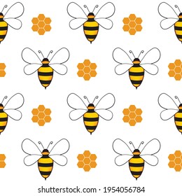 Seamless pattern with bees and honeycombs on white background. Small wasp. Vector illustration. Adorable cartoon character. Template design for invitation, cards, textile, fabric. Doodle style.