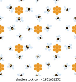 Seamless pattern with bees and honeycombs on white background. Small wasp. Vector illustration. Adorable cartoon character. Template design for invitation, cards, textile, fabric. Doodle style.
