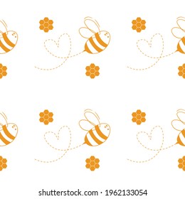 Seamless pattern with bees and honeycombs on white background. Small wasp. Vector illustration. Adorable cartoon character. Template design for invitation, cards, textile, fabric. Doodle style.