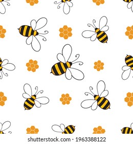Seamless pattern with bees and honeycombs on white background. Small wasp. Vector illustration. Adorable cartoon character. Template design for invitation, cards, textile, fabric. Doodle style.