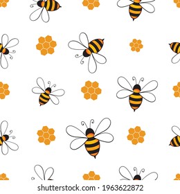 Seamless pattern with bees and honeycombs on white background. Small wasp. Vector illustration. Adorable cartoon character. Template design for invitation, cards, textile, fabric. Doodle style.