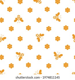 Seamless pattern with bees and honeycombs on white background. Small wasp. Vector illustration. Adorable cartoon character. Template design for invitation, cards, textile, fabric. Doodle style.