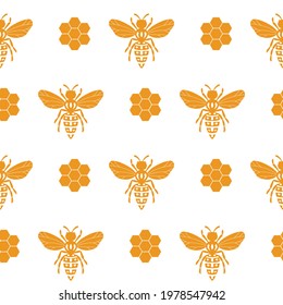 Seamless pattern with bees and honeycombs on white background. Small wasp. Vector illustration. Adorable cartoon character. Template design for invitation, cards, textile, fabric. Doodle style.