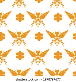 Seamless pattern with bees and honeycombs on white background. Small wasp. Vector illustration. Adorable cartoon character. Template design for invitation, cards, textile, fabric. Doodle style.