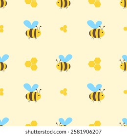 Seamless pattern with bees and honeycombs on a yellow background