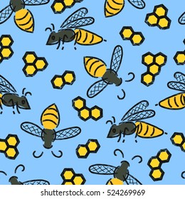 Seamless pattern with bees and honeycombs on blue. Vector honey background