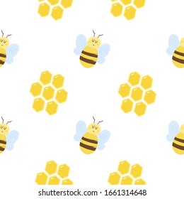 Seamless pattern of bees and honeycombs. Suitable for wrapping paper and fabric.