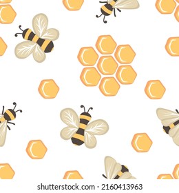 Seamless pattern with bees and honeycombs. Suitable for textile, fabric, wallpaper, wrapping. Hand drawn vector illustration