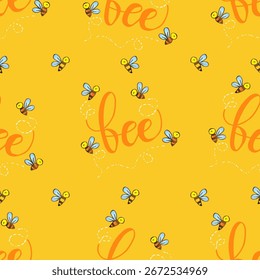 Patrón sin fisuras con abejas y la inscripción de abeja. Ilustración vectorial.