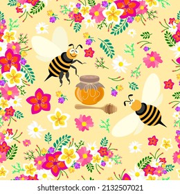 Seamless pattern with bees and a jar of honey on a bright floral background