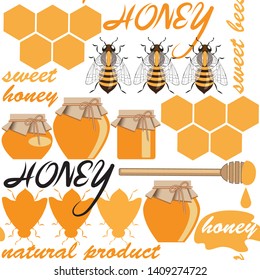 seamless pattern of bees, jars of honey, honey inscriptions natural product. vector illustration. EPS 10.