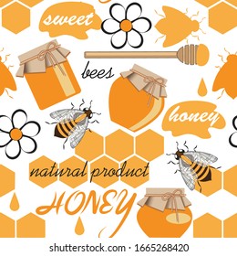 seamless pattern of bees, jars of honey, honeycombs with inscriptions. it can be used to create a background in the design of beekeeping products. stock vector illustration. EPS 10.