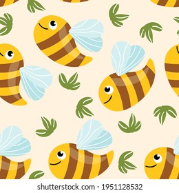 Seamless pattern with bees and leaves on color background. Small wasp. Vector illustration. Adorable cartoon character. Template design for invitation, cards, textile, fabric. Doodle style.