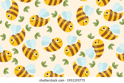 Seamless pattern with bees and leaves on color background. Small wasp. Vector illustration. Adorable cartoon character. Template design for invitation, cards, textile, fabric. Doodle style.