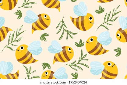 Seamless pattern with bees and leaves on color background. Small wasp. Vector illustration. Adorable cartoon character. Template design for invitation, cards, textile, fabric. Doodle style.