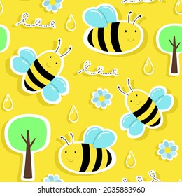 Seamless pattern, bees. Nature, honey, honeycomb, flowers, yellow. Design for textiles, books, postcards, notebooks, vep sites. Print on fabric. Ecology concept, eco-products.
